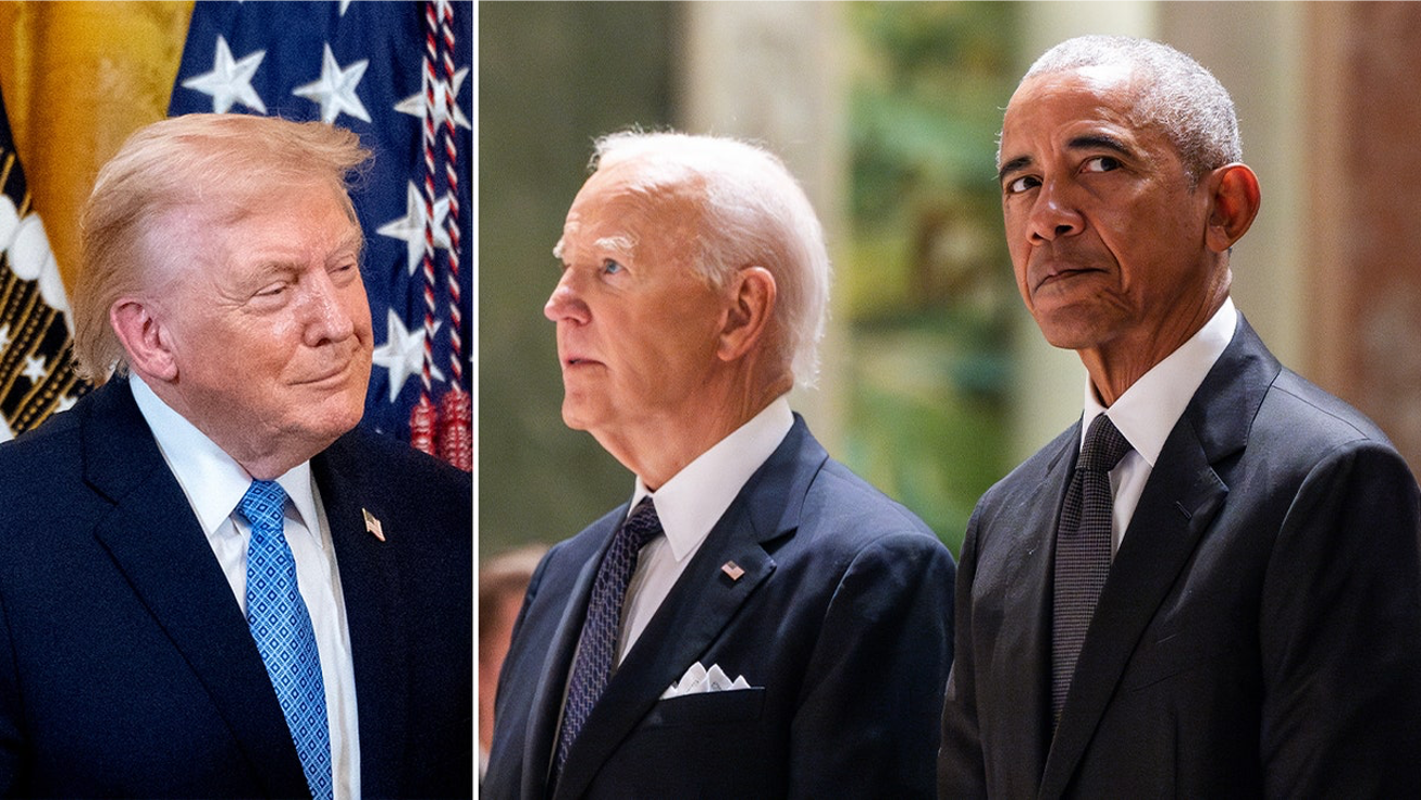 Trump coloca placas burlonas en los retratos de Biden y Obama y desata polémica