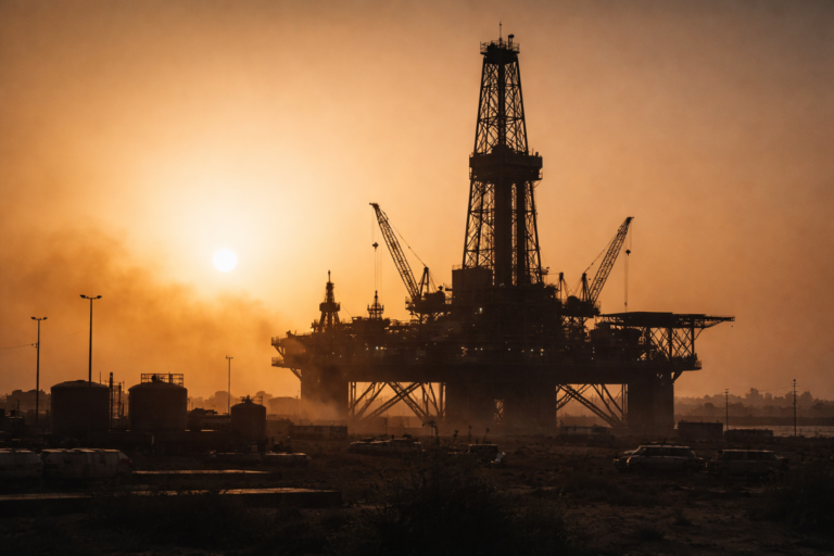 Plataforma petrolera al atardecer