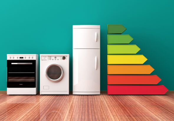 Home appliances and energy efficiency rating. 3d illustration