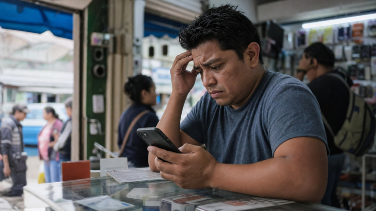 Persona revisa el registro de una línea celular en un mostrador de telecomunicaciones.