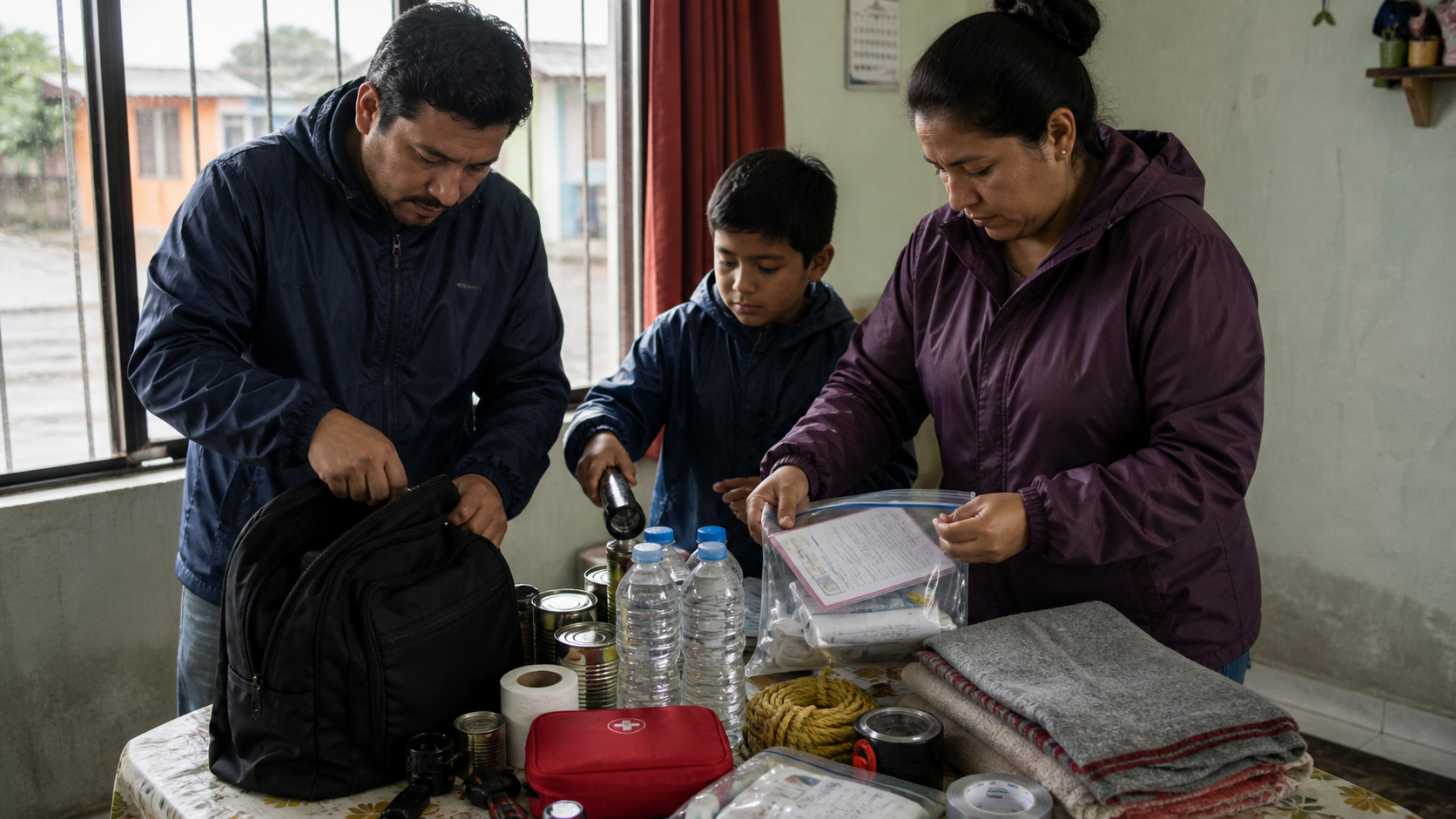 Familia prepara una mochila de emergencia junto a documentos protegidos contra la lluvia