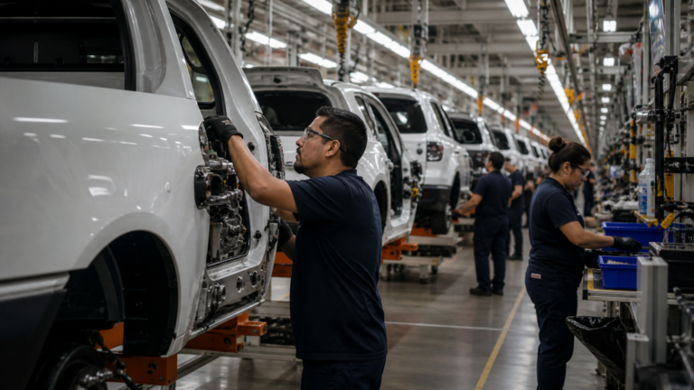 Línea de ensamblaje automotriz con vehículos y trabajadores, representando comercio e integración industrial entre México y Estados Unidos.