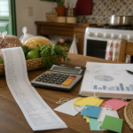 Persona revisa una tabla de precios y una calculadora junto a una despensa doméstica.