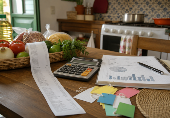 Persona revisa una tabla de precios y una calculadora junto a una despensa doméstica.