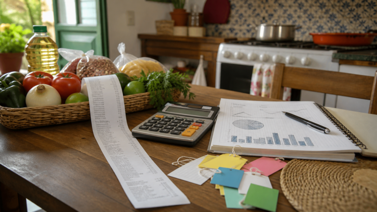 Persona revisa una tabla de precios y una calculadora junto a una despensa doméstica.