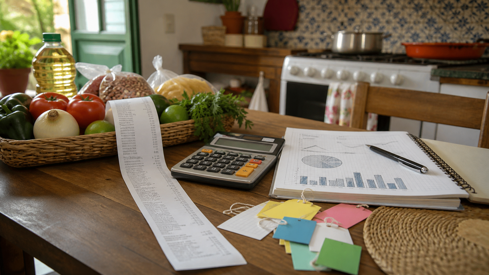 Persona revisa una tabla de precios y una calculadora junto a una despensa doméstica.