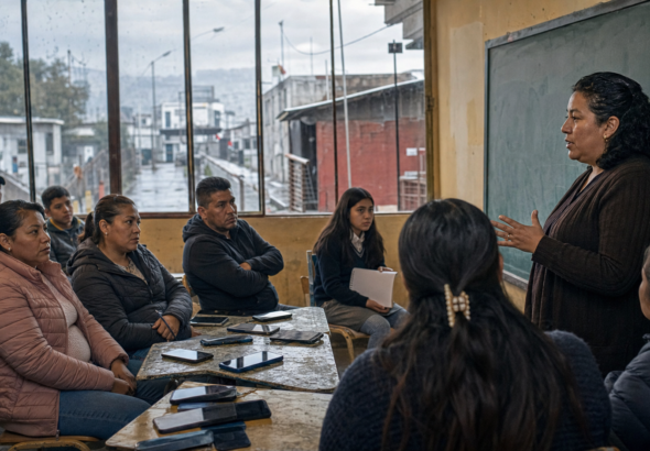 Docentes, familias y estudiantes dialogan sobre el uso de celulares en una escuela mexicana.