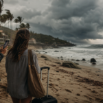 Viajeros consultan una alerta meteorológica frente a una playa del Pacífico con oleaje creciente.