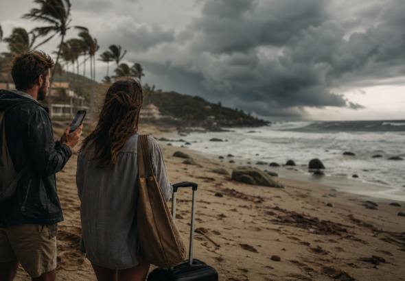 Viajeros consultan una alerta meteorológica frente a una playa del Pacífico con oleaje creciente.