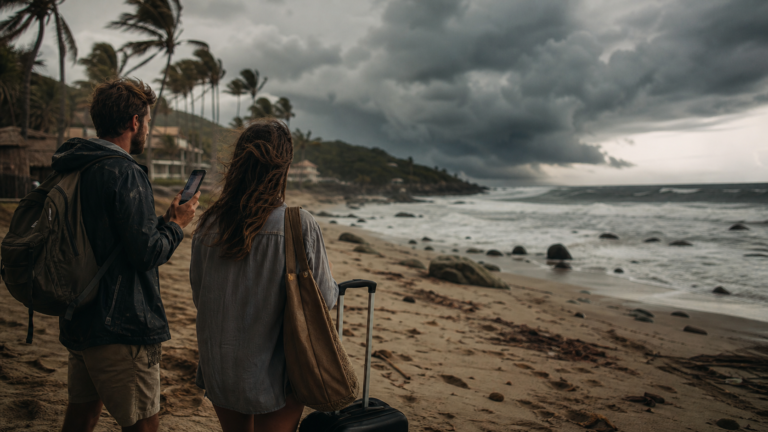 Viajeros consultan una alerta meteorológica frente a una playa del Pacífico con oleaje creciente.