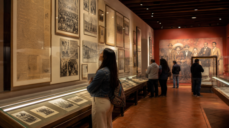 Visitantes observan fotografías históricas y portadas de periódicos en una sala de museo.