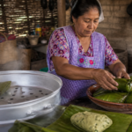 Cocinera tradicional acomoda tamales de chipilín envueltos en hojas dentro de una vaporera.