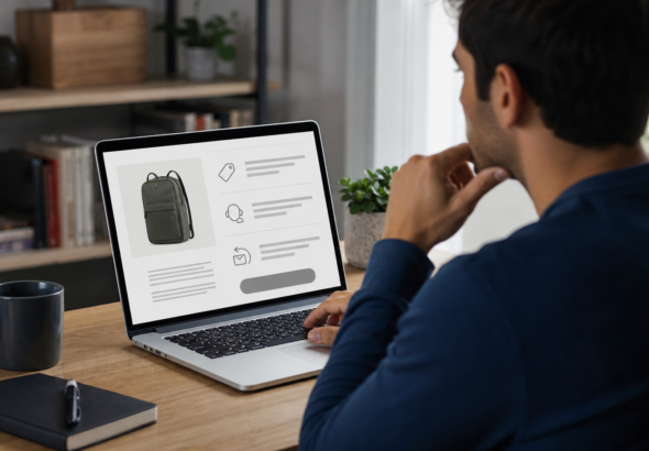 Persona revisa datos de una tienda virtual en laptop antes de introducir información de pago.