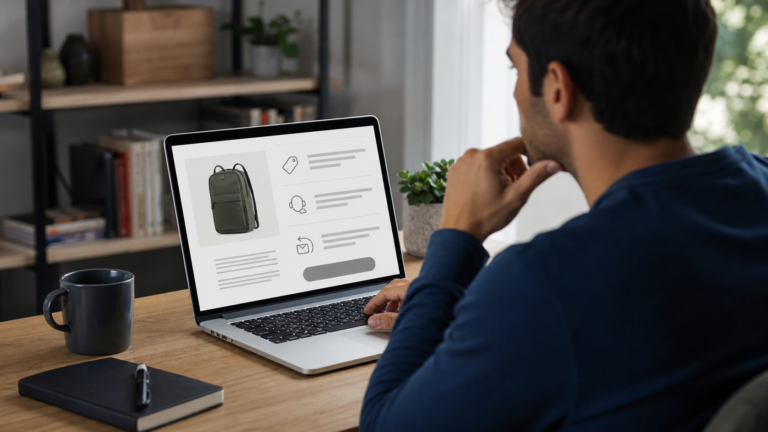 Persona revisa datos de una tienda virtual en laptop antes de introducir información de pago.