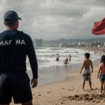 Salvavidas vigila el oleaje mientras una familia se detiene ante una bandera de advertencia en una playa mexicana.