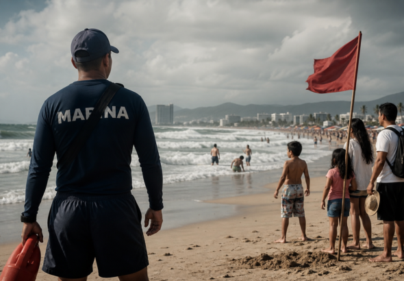 Salvavidas vigila el oleaje mientras una familia se detiene ante una bandera de advertencia en una playa mexicana.