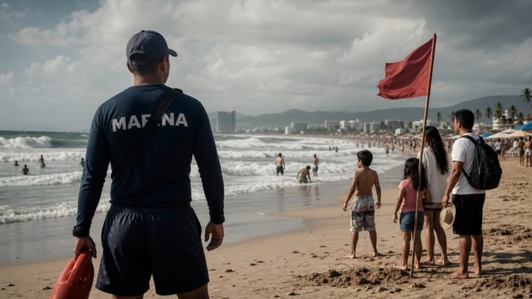 Salvavidas vigila el oleaje mientras una familia se detiene ante una bandera de advertencia en una playa mexicana.