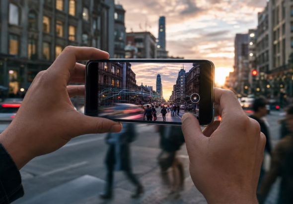 Persona fotografía una escena de Ciudad de México con un teléfono inteligente de nueva generación.