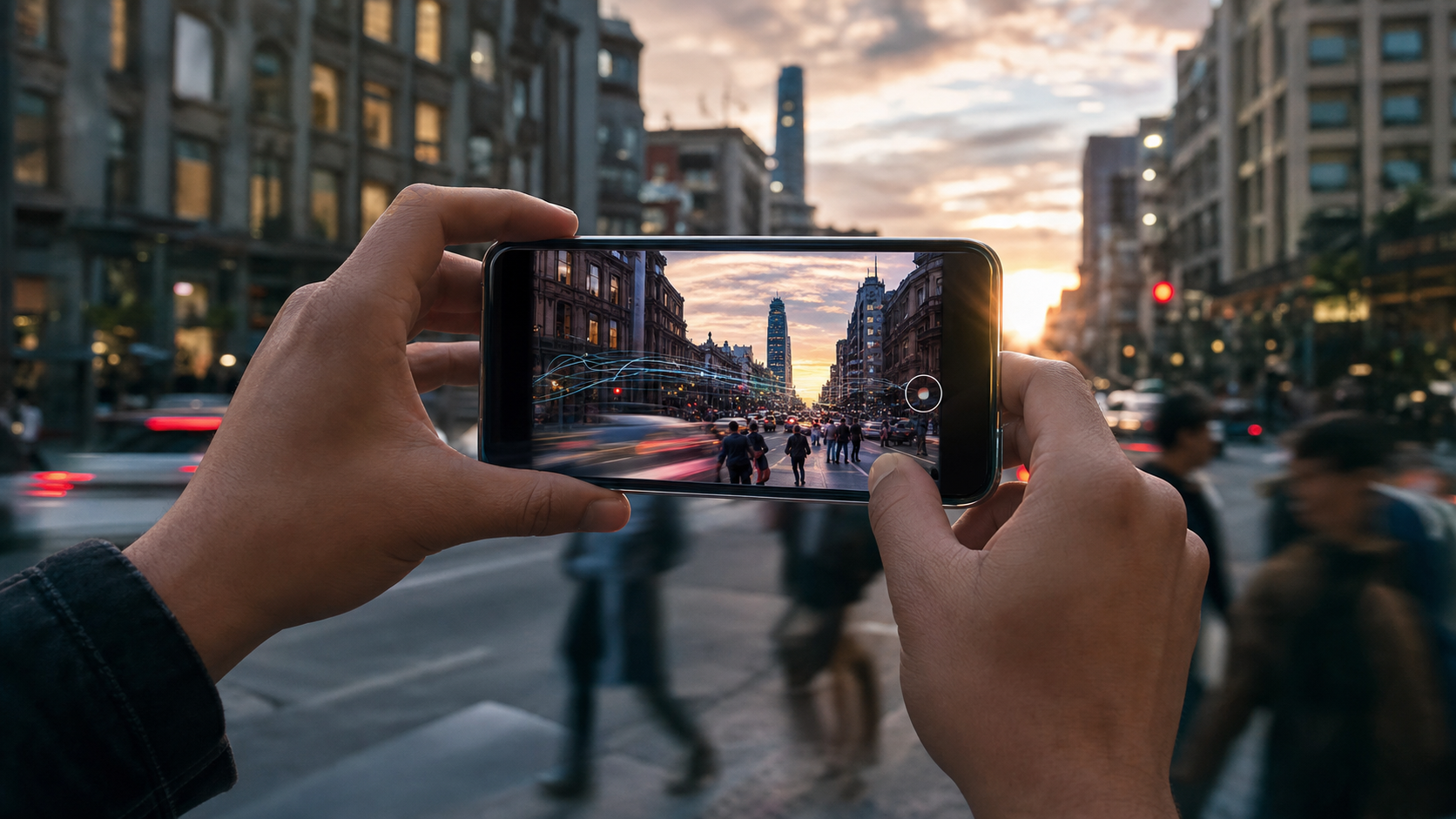 Persona fotografía una escena de Ciudad de México con un teléfono inteligente de nueva generación.