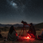 Grupo de visitantes observa el cielo nocturno con un telescopio en un sitio rural sin iluminación directa.