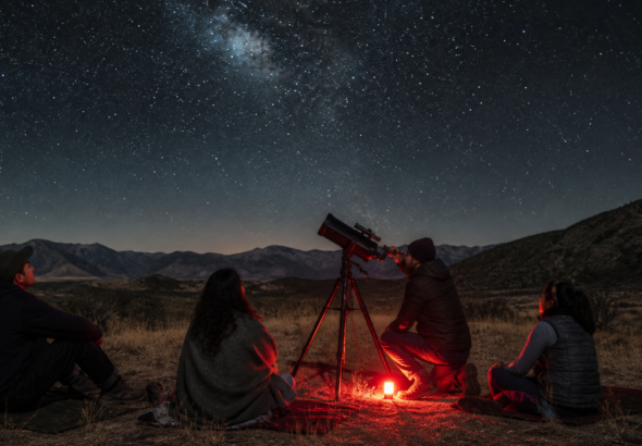 Grupo de visitantes observa el cielo nocturno con un telescopio en un sitio rural sin iluminación directa.