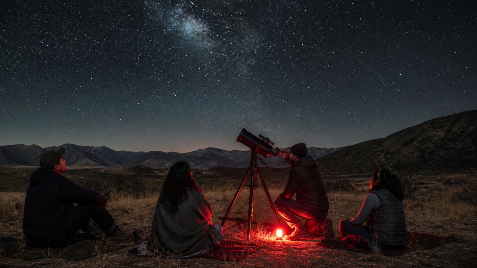 Grupo de visitantes observa el cielo nocturno con un telescopio en un sitio rural sin iluminación directa.