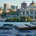 Escritorio de redacción con documentos y gráficas frente a una ciudad mexicana, imagen editorial sobre economía y política.
