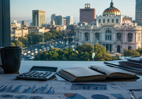 Escritorio de redacción con documentos y gráficas frente a una ciudad mexicana, imagen editorial sobre economía y política.