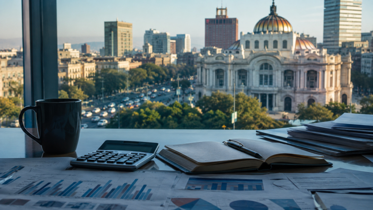 Escritorio de redacción con documentos y gráficas frente a una ciudad mexicana, imagen editorial sobre economía y política.