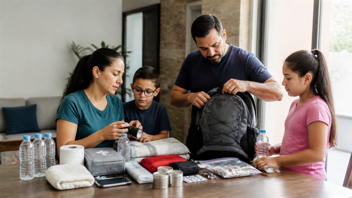 Familia revisa una mochila de emergencia y un mapa de rutas dentro de su hogar