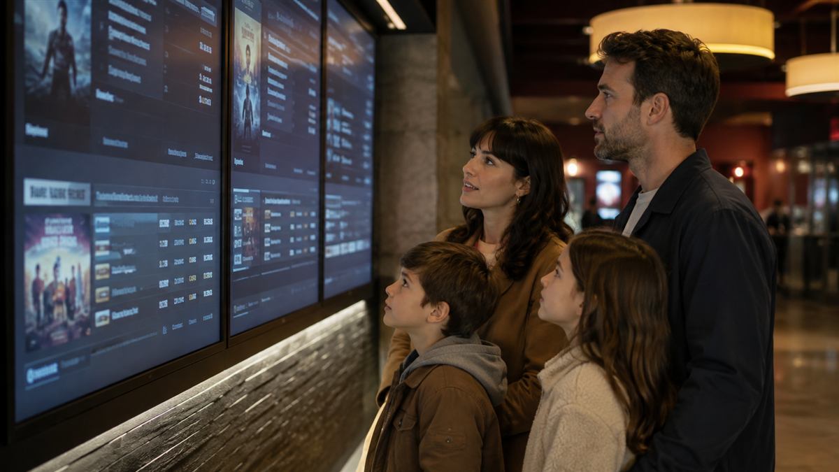 Familia revisa clasificación y horarios de películas antes de elegir una función de cine