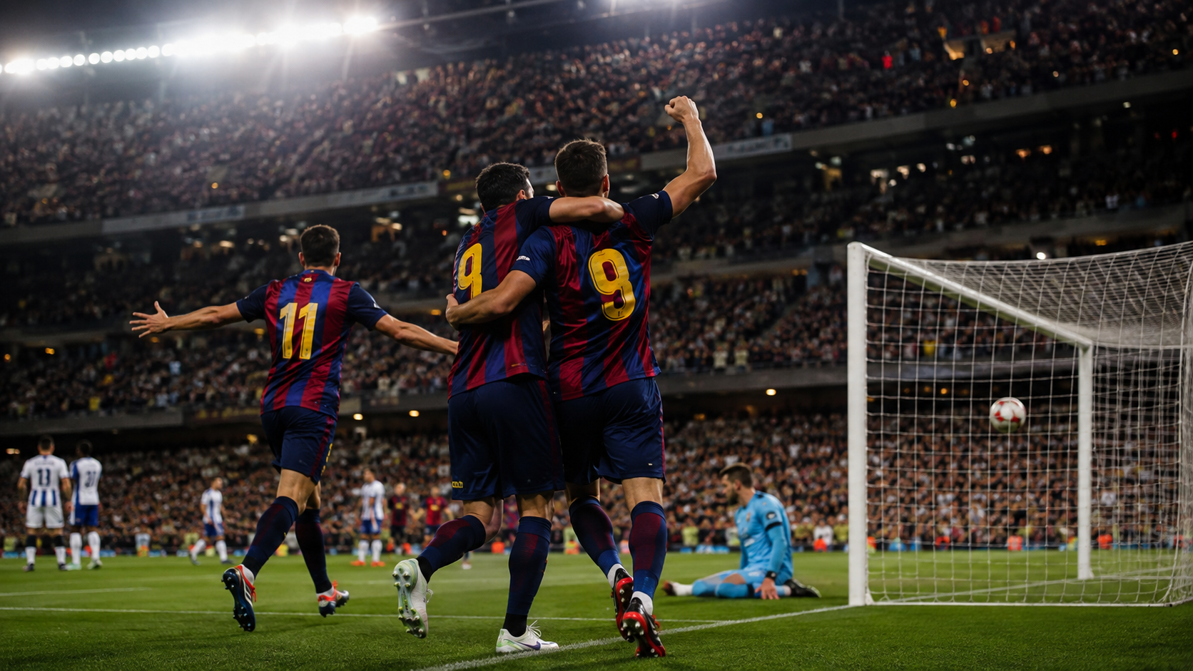 Jugadores de un equipo azul y granate celebran un gol en un estadio lleno.