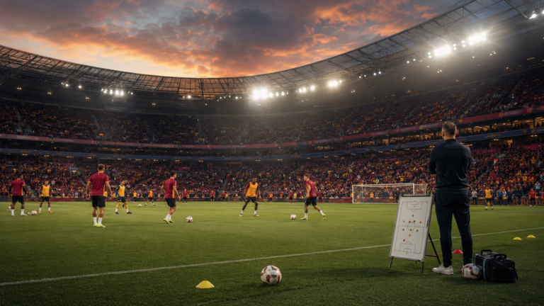 Estadio de futbol lleno mientras dos equipos se preparan para un partido de LaLiga.