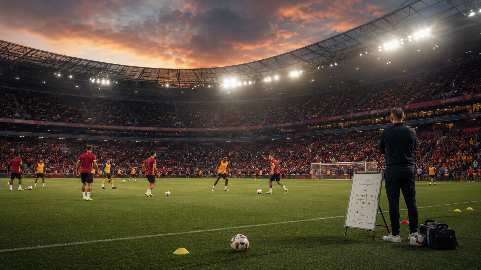 Estadio de futbol lleno mientras dos equipos se preparan para un partido de LaLiga.