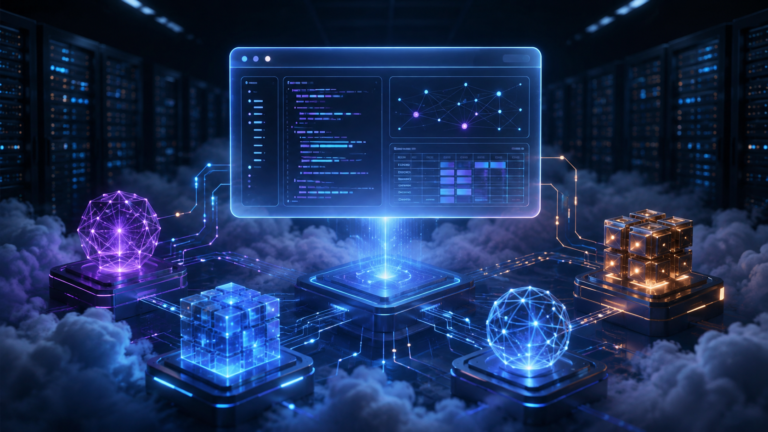 Agentes de inteligencia artificial colaborando en la nube frente a un entorno de código y datos, en una ilustración editorial de Ciencia y Tecnología.