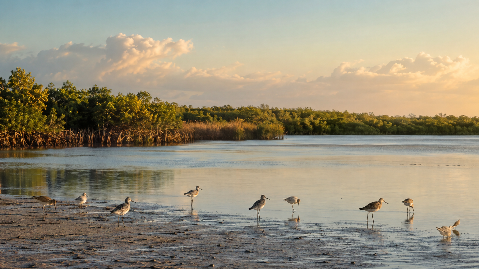 Aves playeras descansando y alimentándose en un humedal costero al amanecer, en una imagen editorial de conservación.