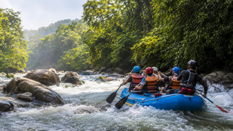 Balsa de rafting con viajeros en los rápidos del río de Los Pescados, Jalcomulco, Veracruz.