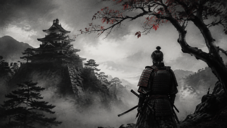 Akira Kurosawa y un samurái ante un castillo japonés cubierto por la niebla, homenaje visual a Trono de sangre.