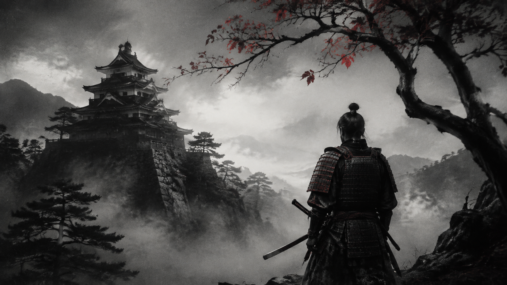 Akira Kurosawa y un samurái ante un castillo japonés cubierto por la niebla, homenaje visual a Trono de sangre.