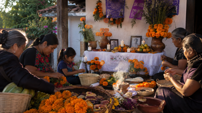 Familia prepara una ofrenda de Día de Muertos con flores de cempasúchil y alimentos tradicionales.