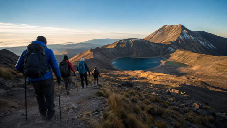 Excursionistas con equipo de montaña avanzan hacia el cráter del Nevado de Toluca.