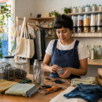 Emprendedora clasifica materiales reutilizables y prepara envases retornables en un taller comunitario.