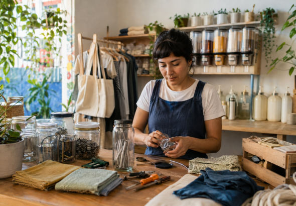 Emprendedora clasifica materiales reutilizables y prepara envases retornables en un taller comunitario.