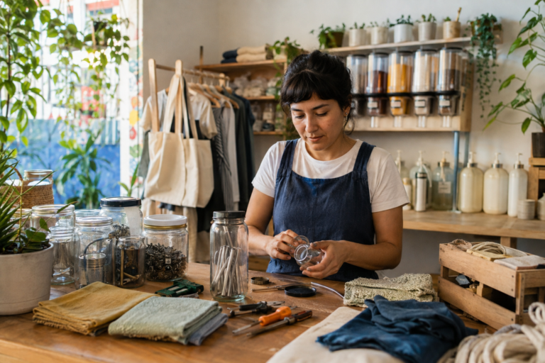 Emprendedora clasifica materiales reutilizables y prepara envases retornables en un taller comunitario.