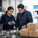 Equipo de proveedores mexicanos revisa componentes industriales y cajas listas para una cadena de suministro.
