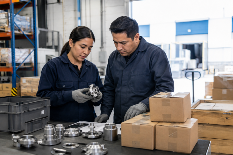 Equipo de proveedores mexicanos revisa componentes industriales y cajas listas para una cadena de suministro.