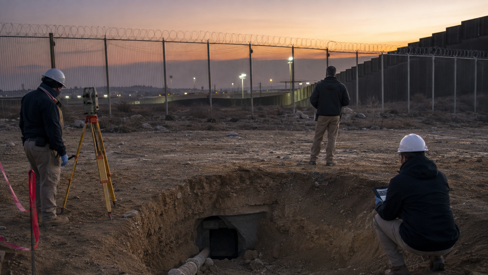 Investigadores inspeccionan la entrada de un túnel fronterizo durante una operación de seguridad